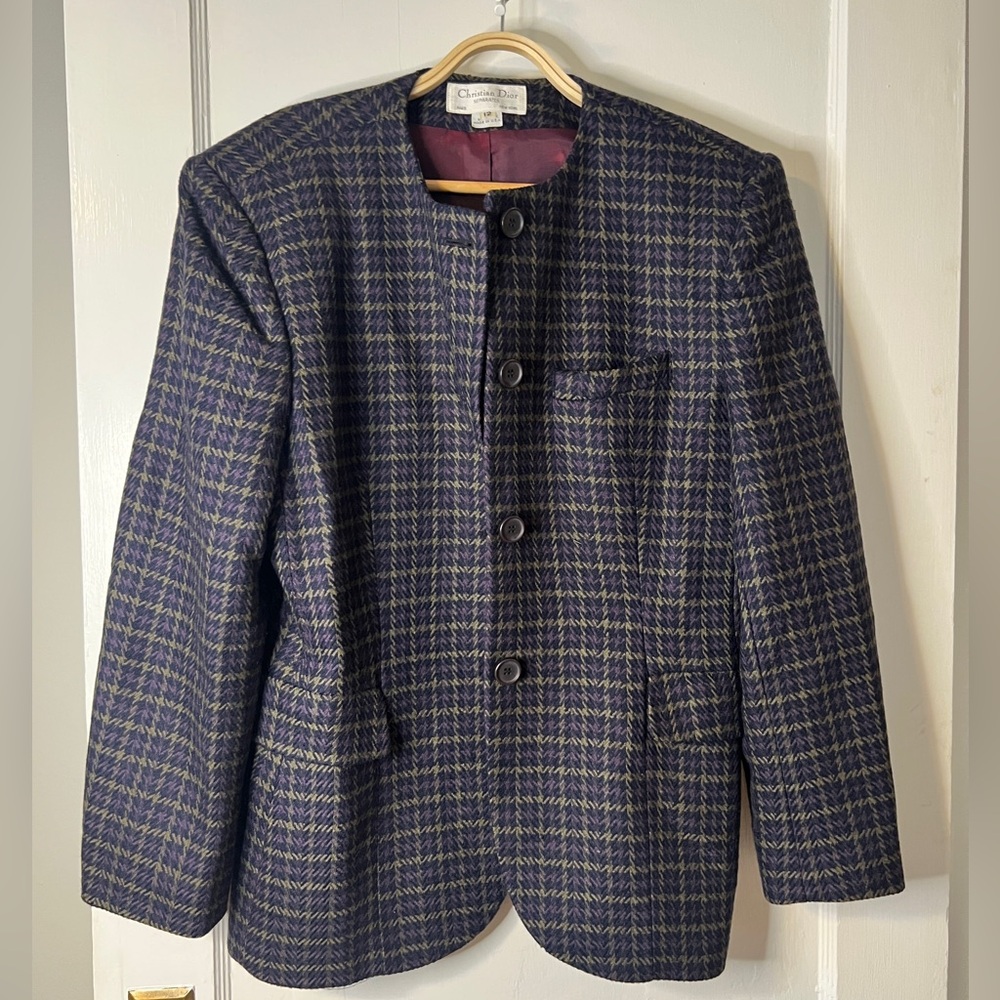 VINTAGE Late 80s Christian Dior Wool Tweed Collarless Blazer Jacket – Women’s 12